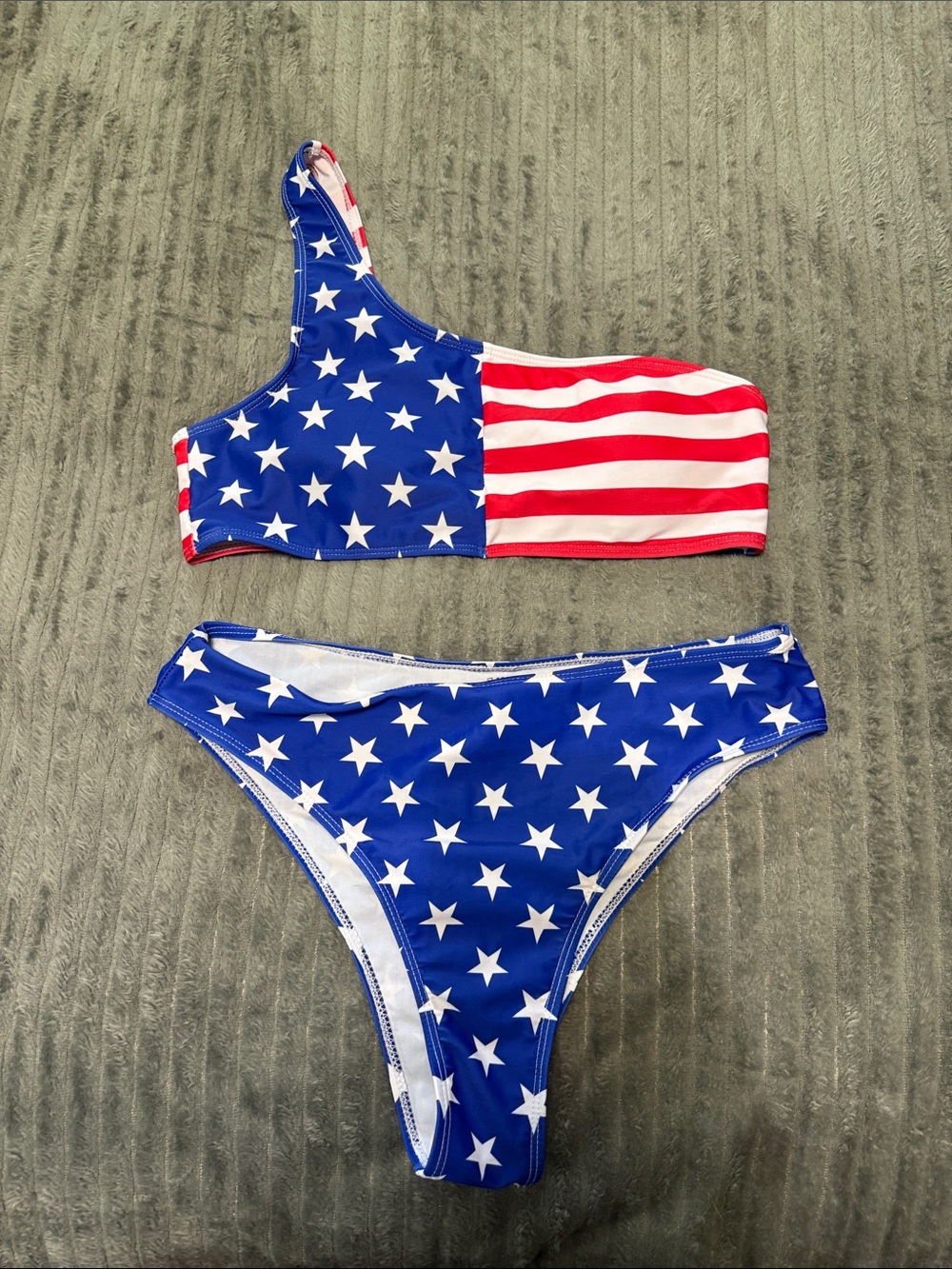 Patriotic Stars & Stripes One-Shoulder Bikini Set - Blue/Red/White